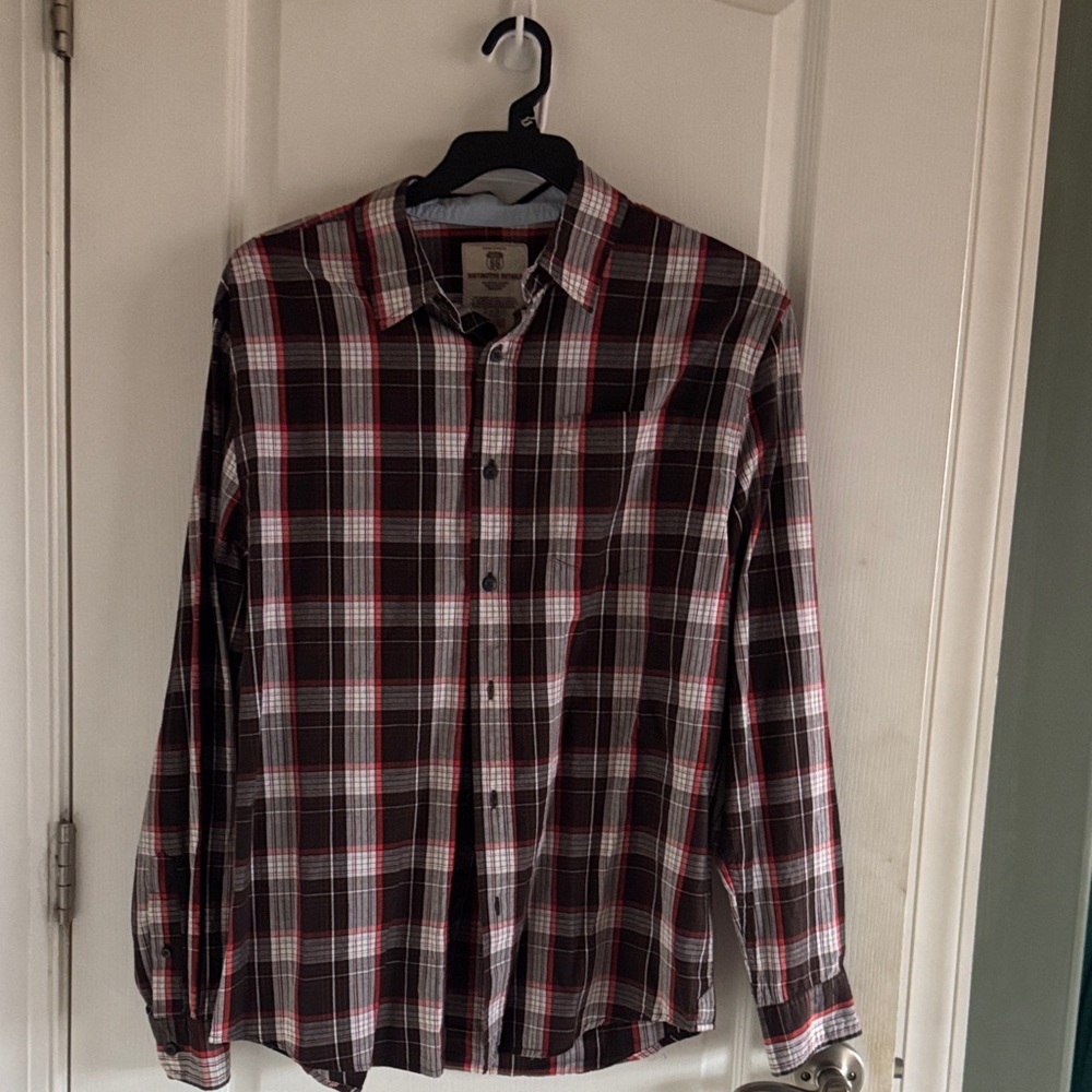 😊Men’s Route 66 Men's Plaid Button-Down Shirt - Black, Red, White
